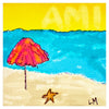 Colorful beach scene with a pink umbrella and starfish on sand, blue water, and yellow sky.