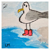 Painting of a seagull wearing red boots on a beach with waves and sky.