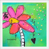 Colorful art print of pink flower with a small heart on a green-blue background, featuring the text 'live joyfully'