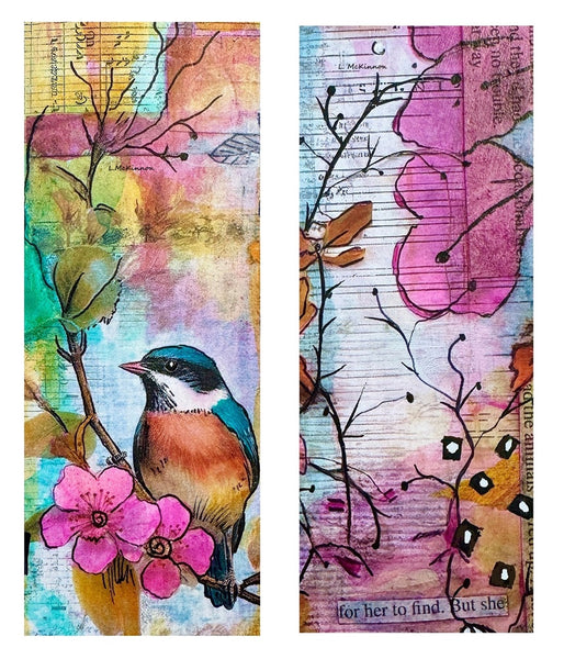 colorful double sided bookmark with bird and flowers