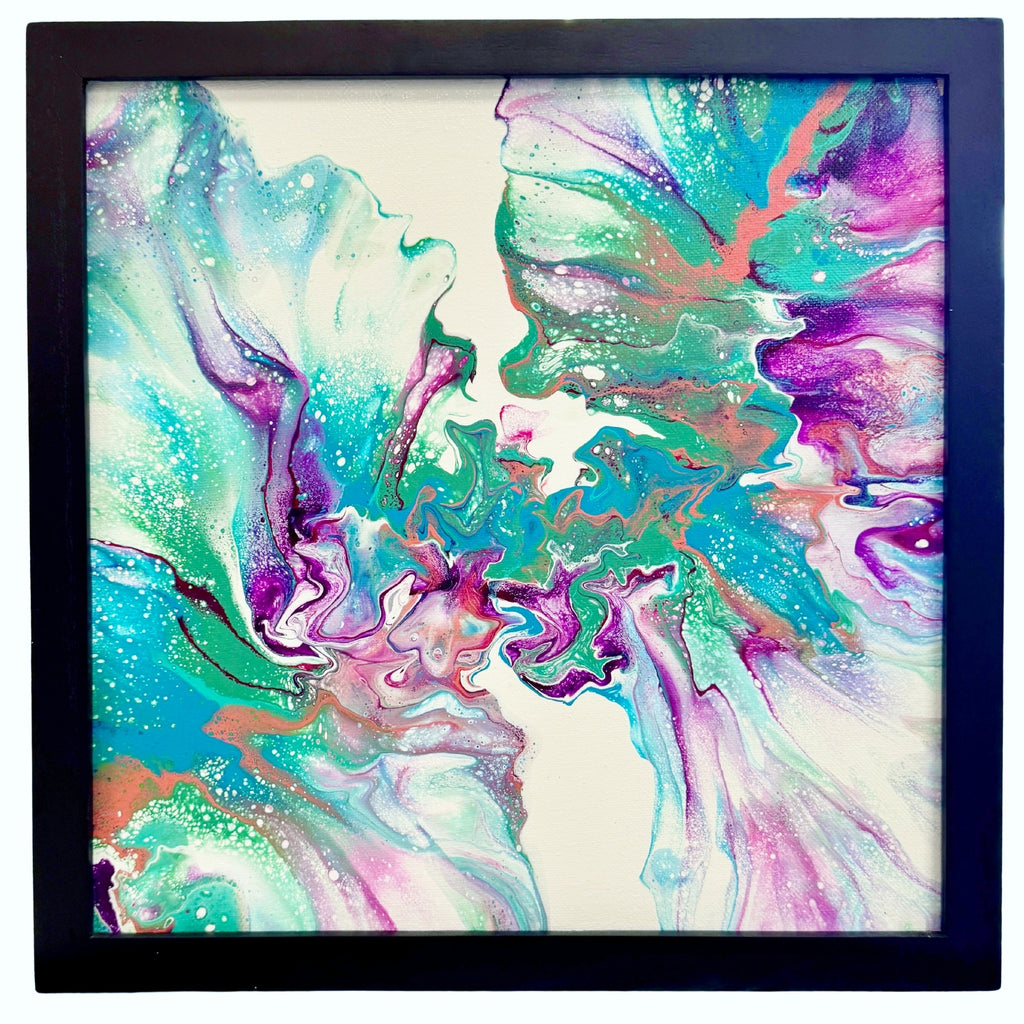 abstract painting with purple, green, blue and white in a black frame