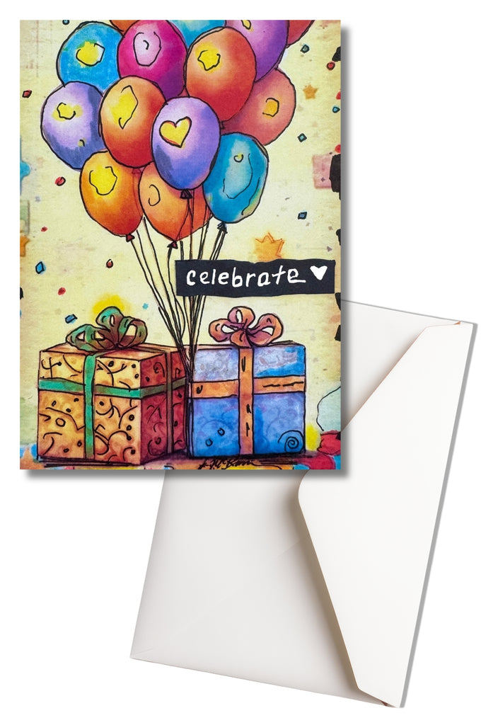 colorful greeting card with the word celebrate and blank inside