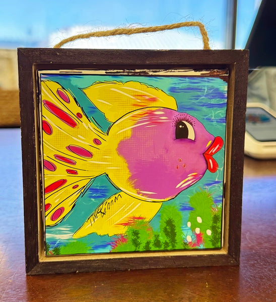 framed art tile featuring a colorful whimsical fish