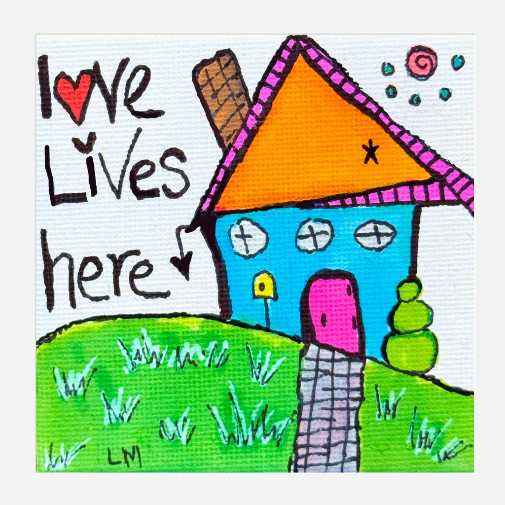 Colorful drawing of a house with 'I ❤️ e Lives here' text on a white background