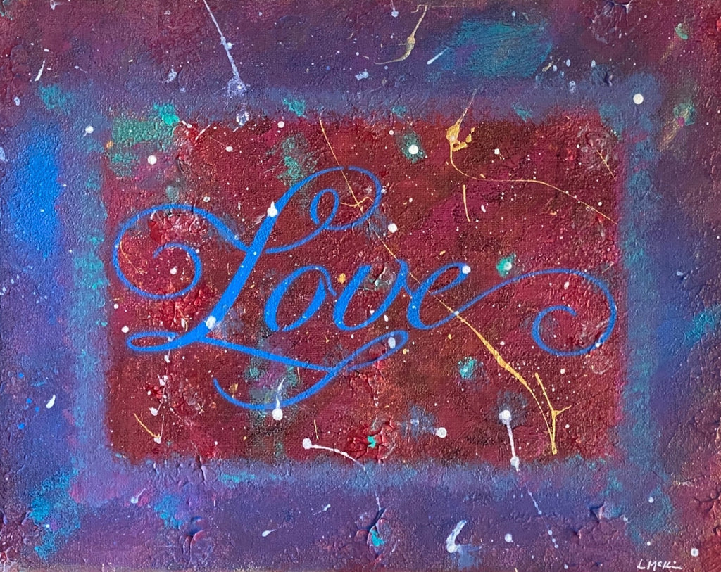 Abstract painting with the word 'Love' in blue on a multicolored background