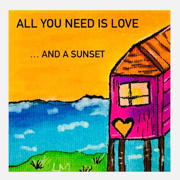 Art print with a beach house with a heart on a yellow background with text 'All you need is love... and a sunset'.