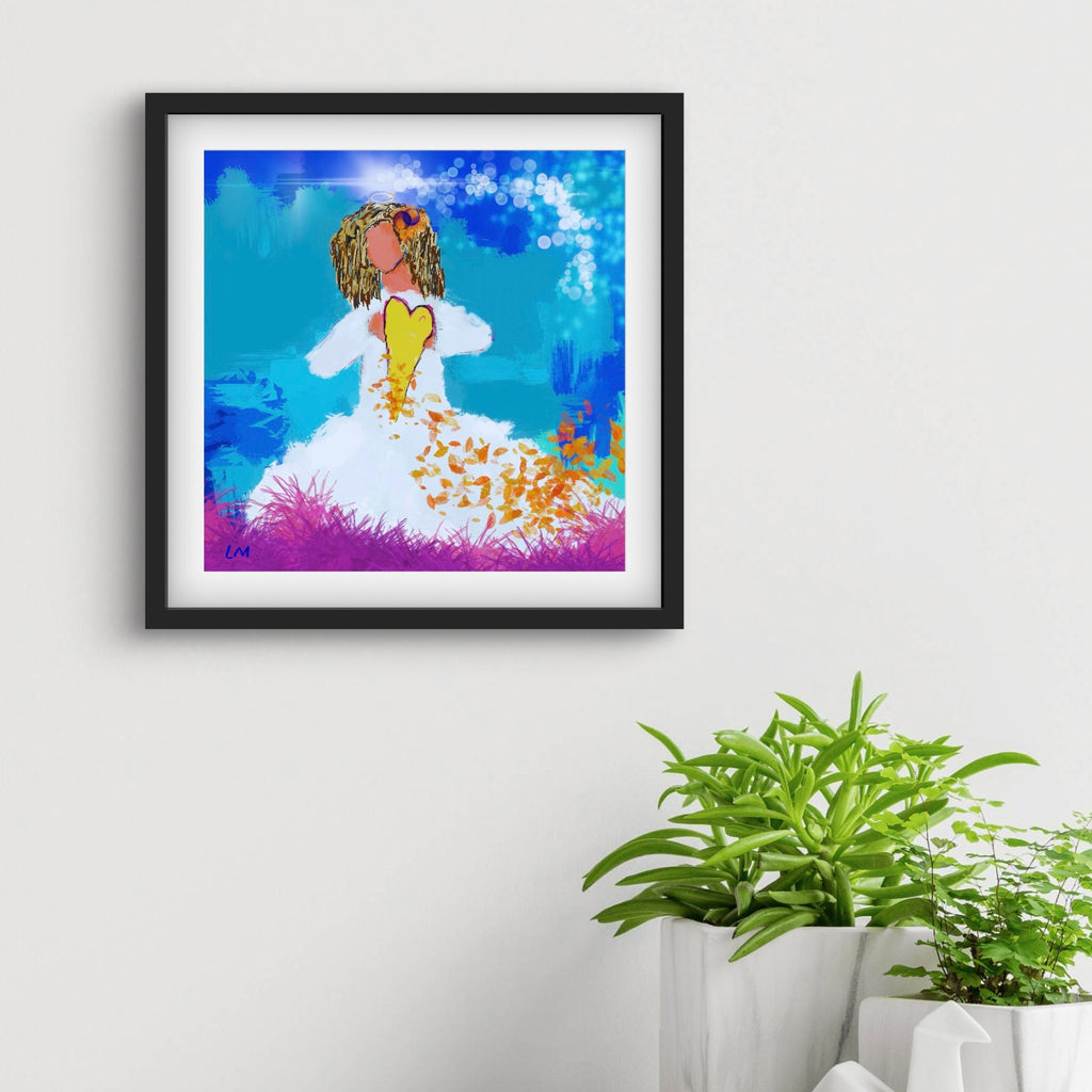 Framed colorful artwork of an angel with a heart on a white wall with plants below.