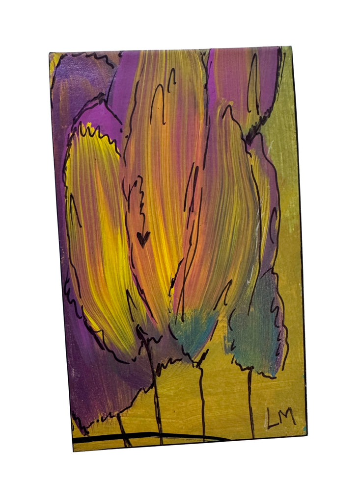 small painting in yellow, purple and black