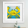 yellow crab artwork with text saying "crabs need love too" in a white distressed frame