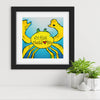 yellow crab artwork with text saying "crabs need love too" in a black frame
