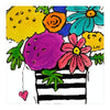 Colorful illustration of flowers in a striped vase on a white background
