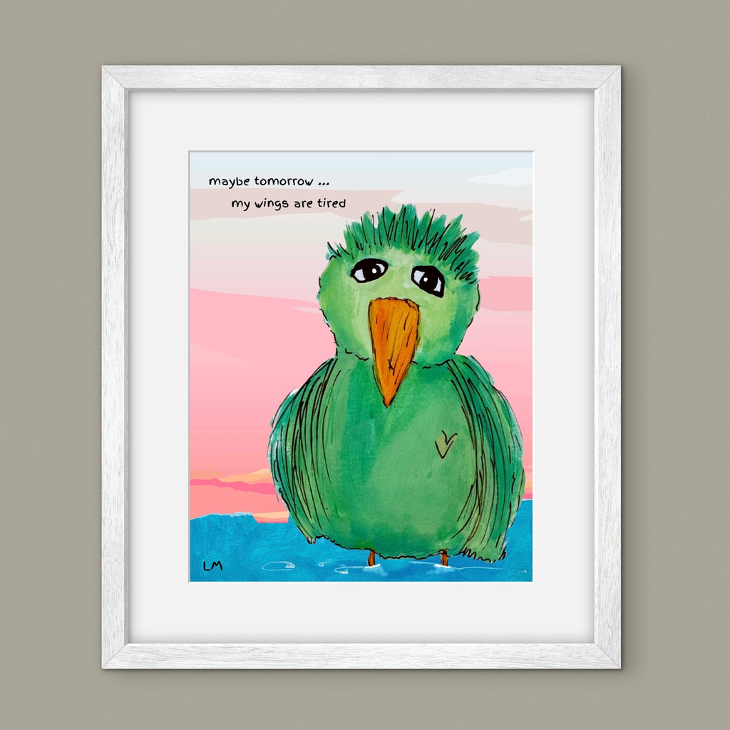 Framed artwork of a green bird with a quote on a beige wall