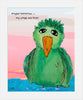 painting of a green bird with a tired expression on a colorful background