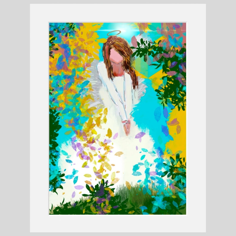 Colorful painting of an angel surrounded by butterflies and flowers