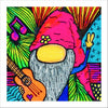 Colorful illustration of a gnome playing guitar with a vibrant background