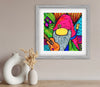 colorful background with a gnome holding a guitar and doing the peace sign symbol with hand
