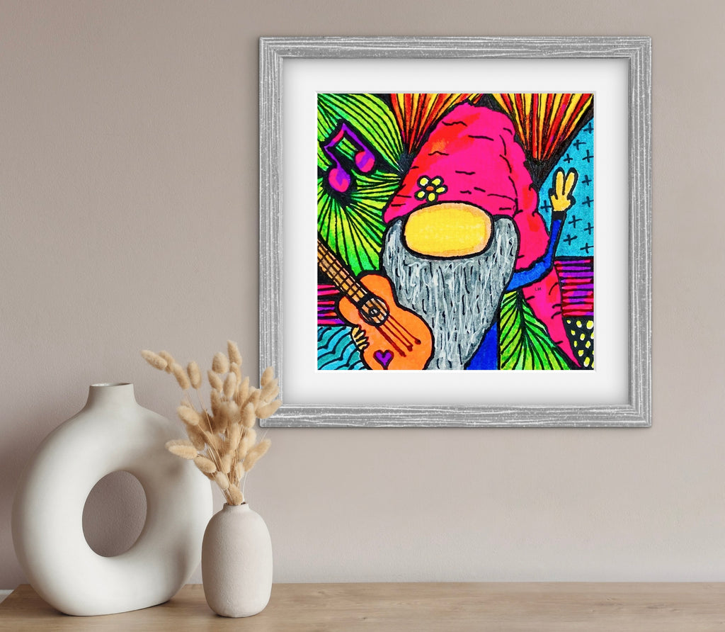 colorful background with a gnome holding a guitar and doing the peace sign symbol with hand