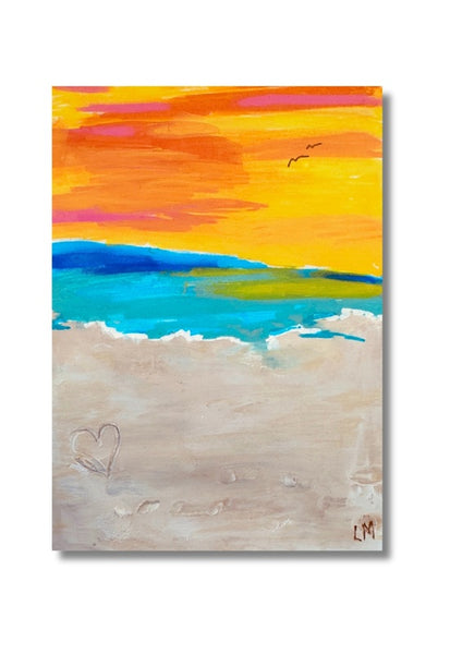 Painting of a beach scene with a colorful sky and heart on the sand.