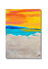 Painting of a beach scene with a colorful sky and heart on the sand.