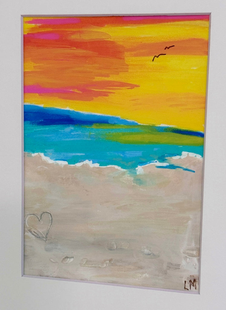 A beach sunset painting featuring a vibrant yellow and orange sky, blue ocean, and sandy beige shore with a small heart on the bottom left.