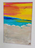 A beach sunset painting featuring a vibrant yellow and orange sky, blue ocean, and sandy beige shore with a small heart on the bottom left.