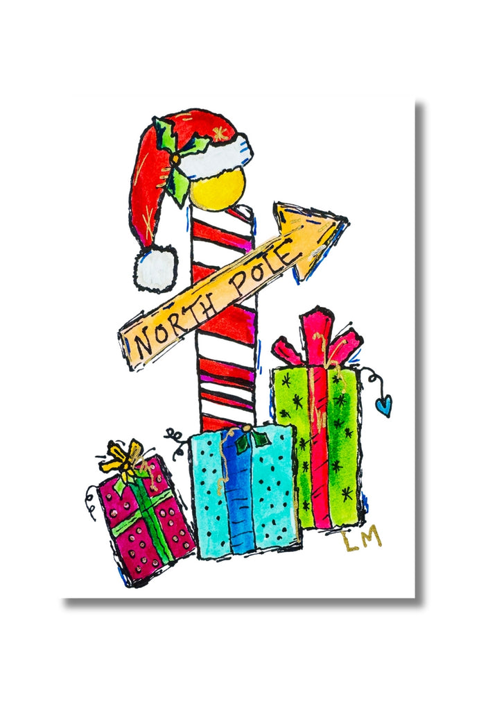 Artwork with the North pole and gifts on cover of blank Christmas card