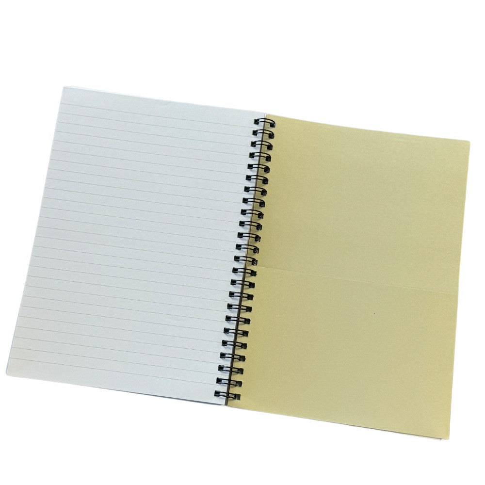 Open spiral-bound notebook with white pages and a back folder