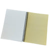Open spiral-bound notebook with white pages and a back folder