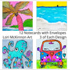 Set of 12 notecards with envelopes featuring various designs by Lori McKinnon Art.