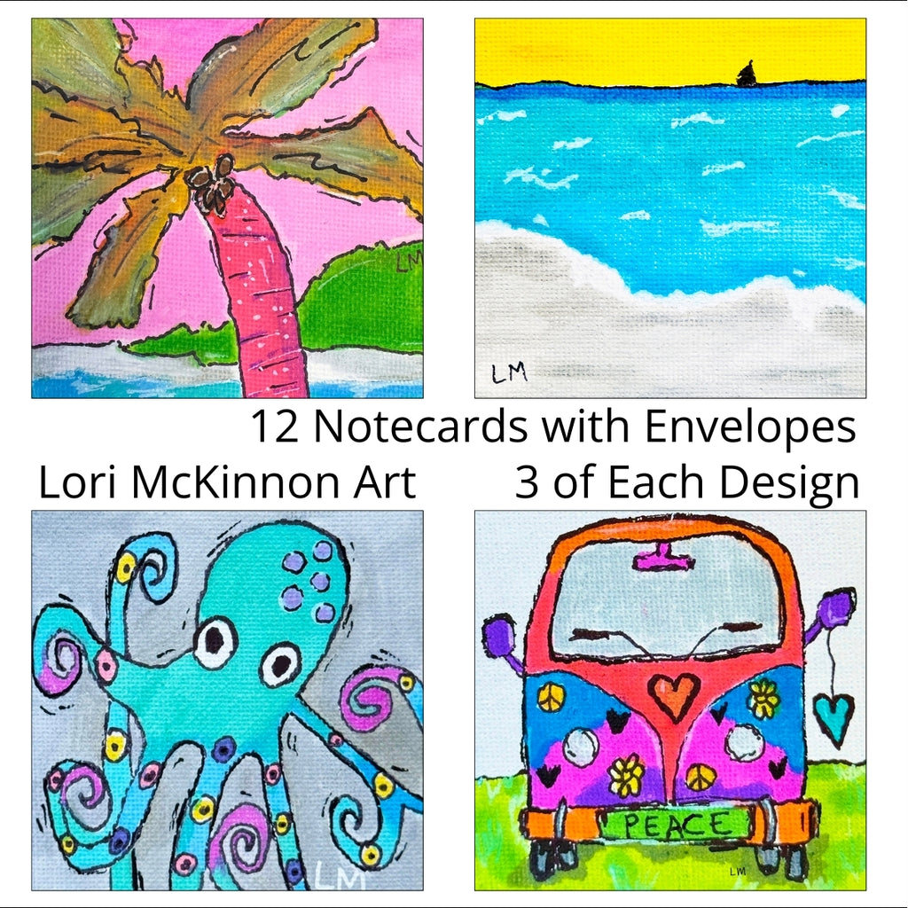 Set of 12 notecards with envelopes featuring various designs by Lori McKinnon Art.
