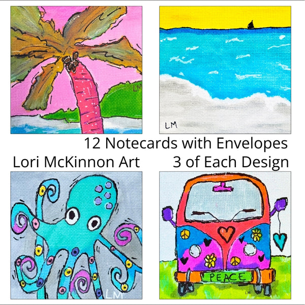Set of 12 notecards with envelopes featuring various designs by Lori McKinnon Art.