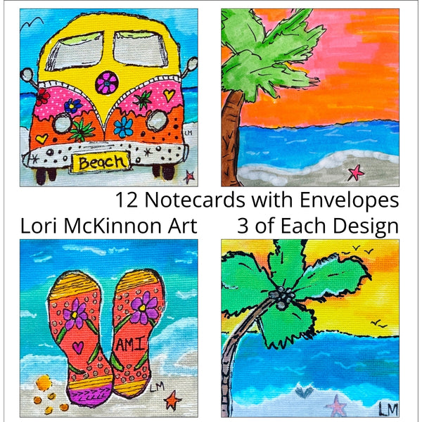 Set of 12 notecards with envelopes featuring beach-themed designs by Lori McKinnon.