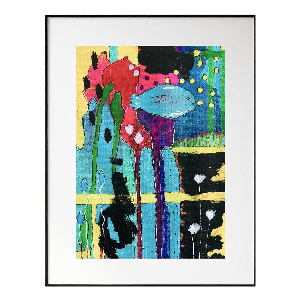 abstract underwater painting with a fish in a black frame with a white mat hanging on a white wall