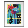 abstract underwater painting with a fish in a black frame with a white mat hanging on a white wall