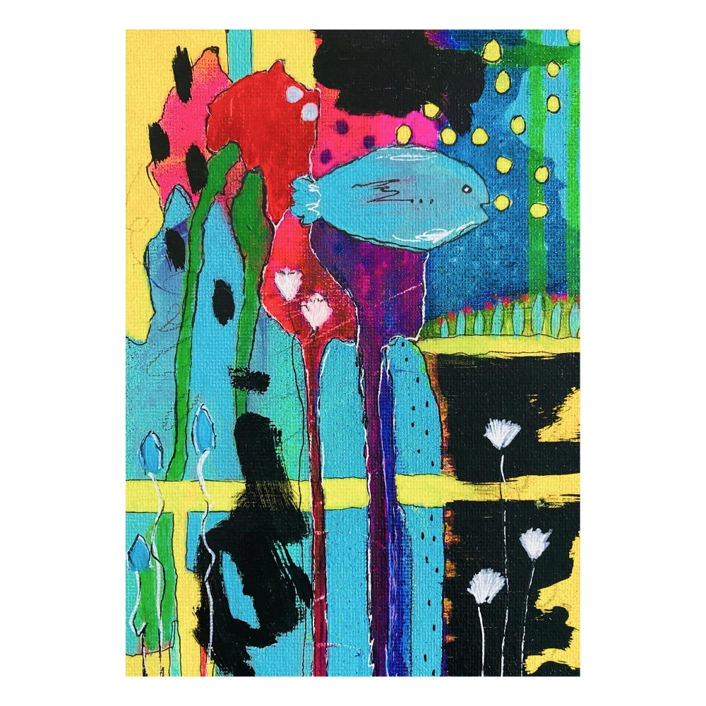 abstract underwater painting with a whimsical blue fish
