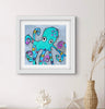 Framed artwork of a colorful octopus on a wall with decorative elements.