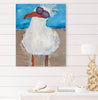 Painting of a white bird with sunglasses on a beach setting
