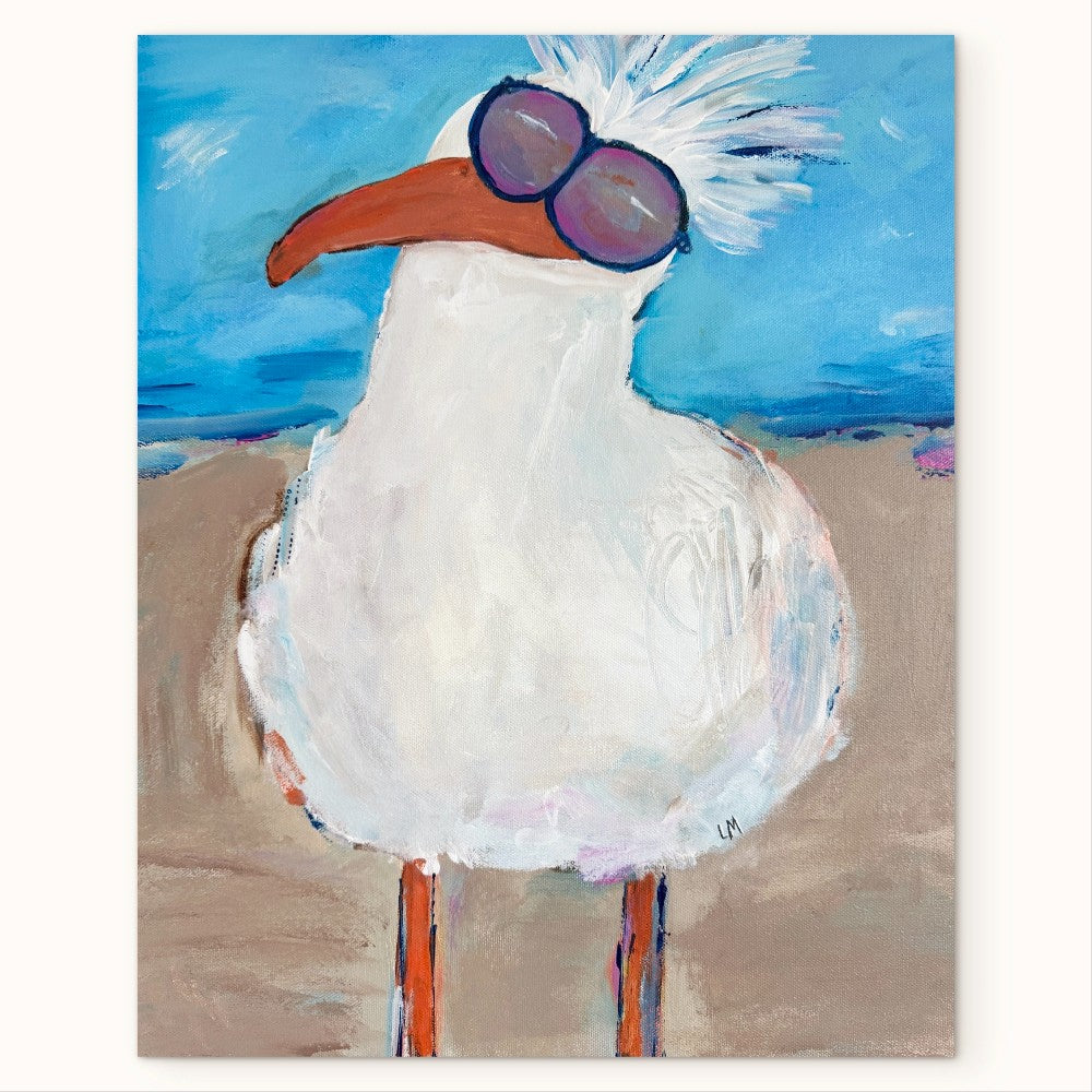 Painting of a white bird with sunglasses on a beach
