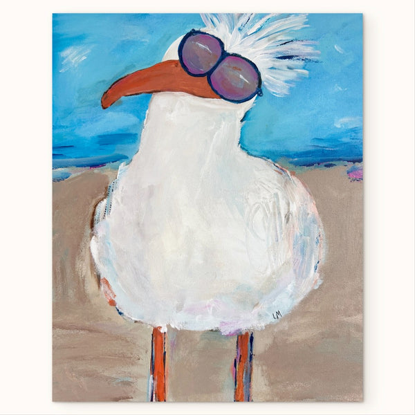 Painting of a white bird with sunglasses on a beach