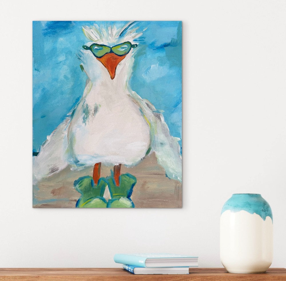 Painting of a bird with sunglasses on a white wall, next to a ceramic vase.