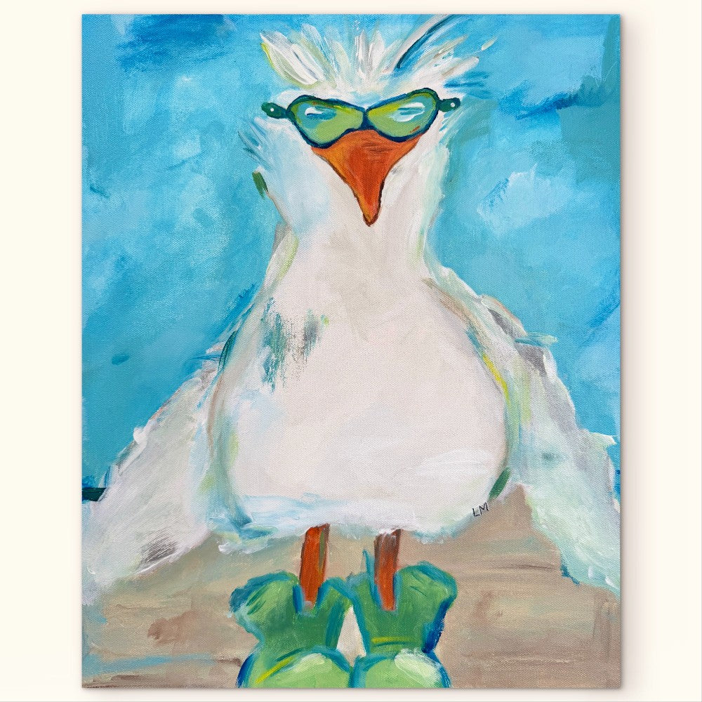 Painting of a seagull wearing sunglasses and green boots against a beach background
