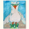 Painting of a seagull wearing sunglasses and green boots against a beach background