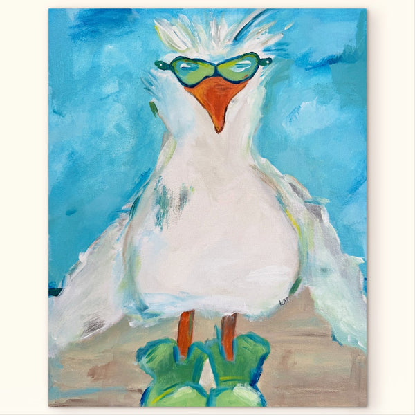 Painting of a seagull wearing sunglasses and green boots against a beach background