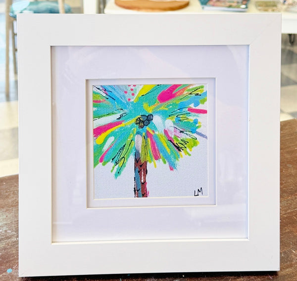 Framed colorful abstract painting of a palm tree 