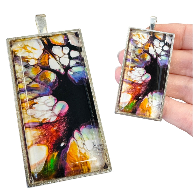 painted glass pendant in silver tray