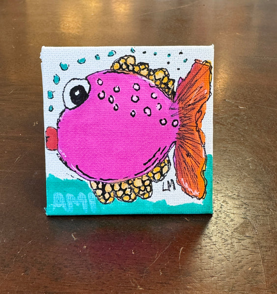 3x3 canvas magnet with original pink fish artwork