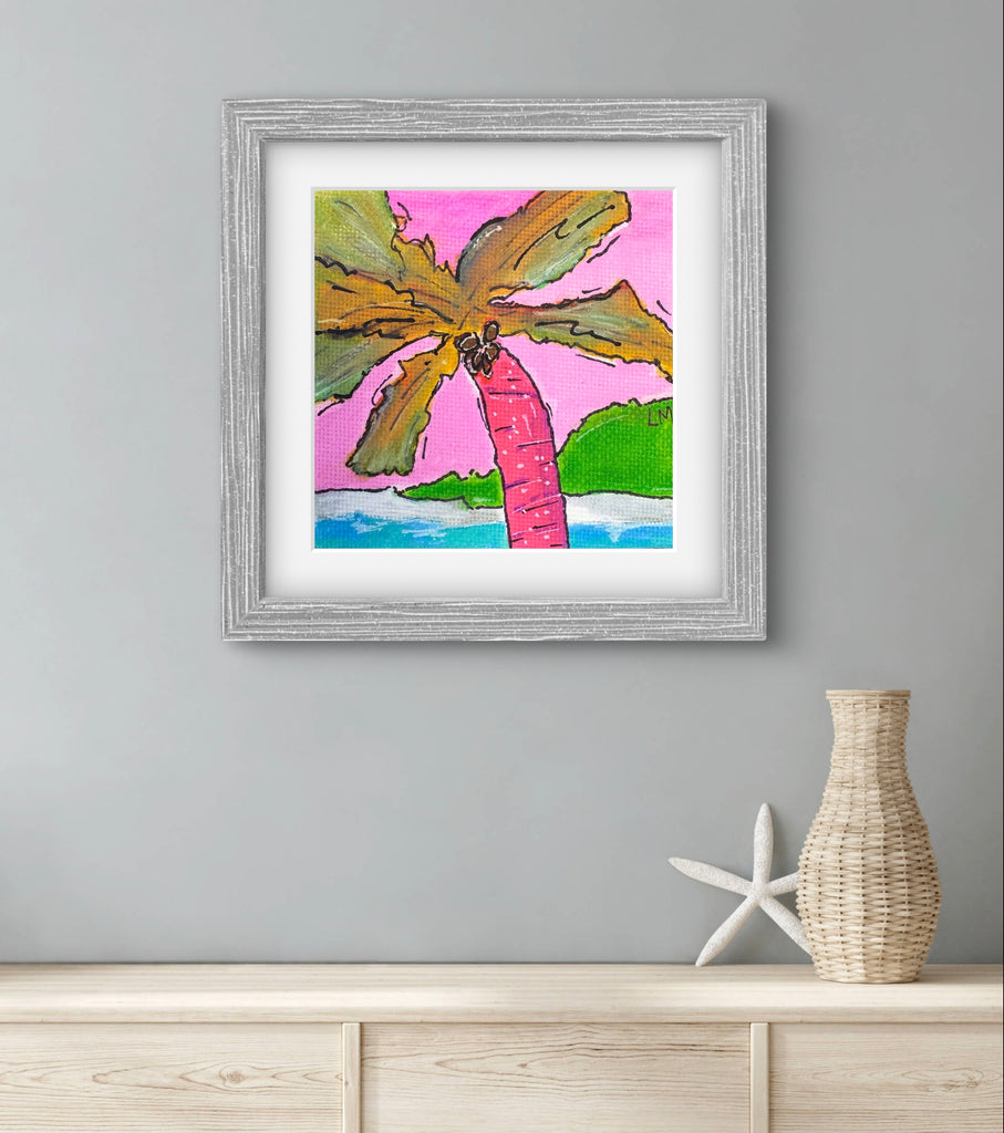 Art print of a colorful palm tree on a pink background