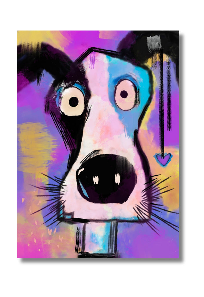 colorful abstract background with whimsical dog and small heart