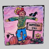whimsical scarecrow artwork with a sign that says "happy Fall Y'all". Scarecrow is in a pumpkin patch with a crow, pumpkins and flowers