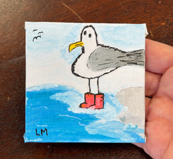whimsical seagull artwork on beach background